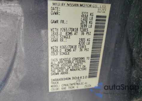 2013 Nissan Titan S из США, поврежденный, VIN 1N6BA0ED4DN304410